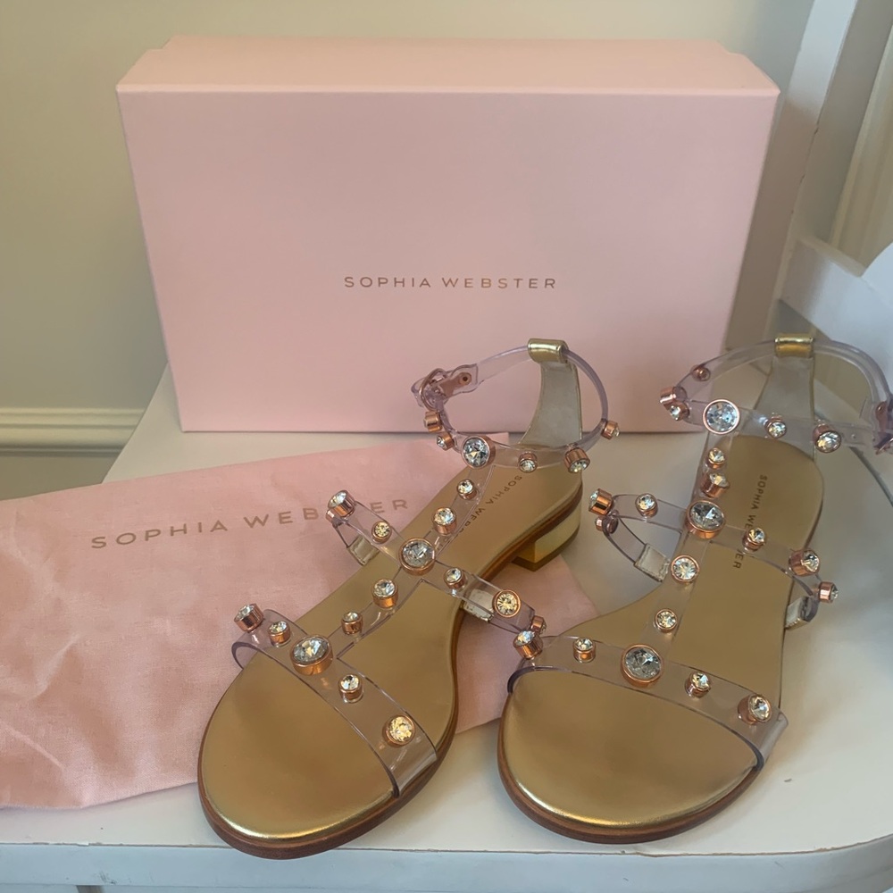 Sophia Webster Dina Flat Sandal Gold Silver rhinestone jelly Sz 39 NEW w/ box - Picture 5 of 16